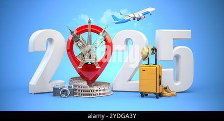 2025 bonne année. Numéro 2025 et épingle avec les monuments les plus populaires du monde. Célébration du nouvel an à Londres, Paris, Rome ou New York. 3d illustr Banque D'Images