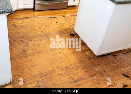 Plancher de bois franc arraché après des dommages causés par l'eau et des dommages aux armoires de cuisine adjacentes. Banque D'Images