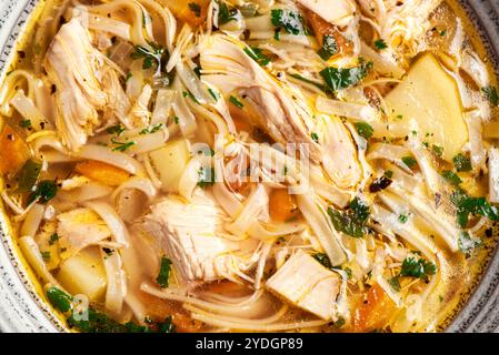 Texture de soupe de nouilles au poulet maison de gros plan. Soupe de poulet chaude, nourriture saine et réconfortante. Banque D'Images