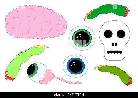 Un ensemble vectoriel effrayant mettant en vedette des parties du corps sur le thème d'Halloween, y compris les yeux, le cerveau, les crânes et les griffes. Parfait pour les conceptions et la décoration d'Halloween. Illustration de Vecteur