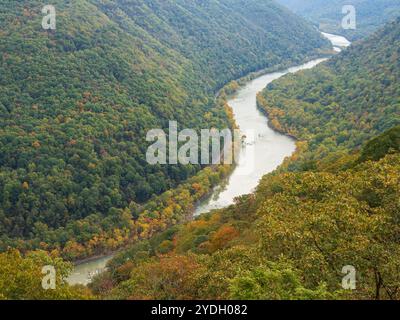 Une vue imprenable sur Grandview Rim au parc national de New River gorge, Virginie occidentale, mettant en valeur les couleurs vives du début de l'automne et la beauté naturelle de Banque D'Images