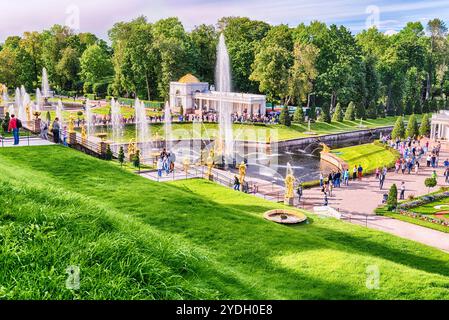 PETERHOF, RUSSIE - AOÛT 28 : vue panoramique de la Grande Cascade, Palais de Peterhof, Russie, le 28 août 2016. Le complexe Peterhof Palace and Gardens Banque D'Images