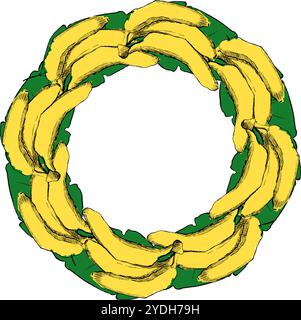 Modèle de vecteur de cadre rond de cercle de fruits tropicaux. Bananes dessinées à la main graphiques sur les feuilles. Illustration vectorielle. Modèle de lot d'étiquettes. Elément de conception Illustration de Vecteur