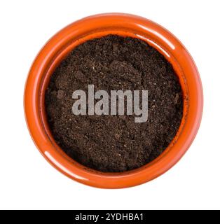 pot de fleurs avec terre, vue de dessus, isolé sur fond blanc avec chemin de détourage Banque D'Images
