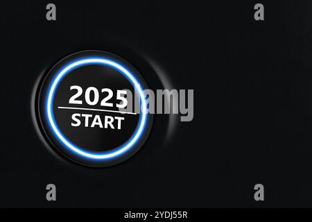 Start Stop car Engine Button année 2025 sur une voiture moderne Tableau de bord intérieur extrême gros plan. Rendu 3D. Banque D'Images