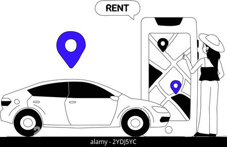 Application de location de voiture avec marqueur de position et utilisateur féminin dans une illustration vectorielle plate symbolisant les services de voyage, de commodité et de location en ligne Illustration de Vecteur