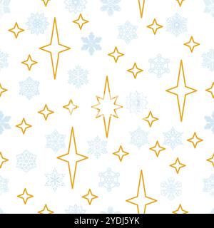 Flocons de neige et étoiles sur fond blanc, modèle sans couture d'hiver Illustration de Vecteur