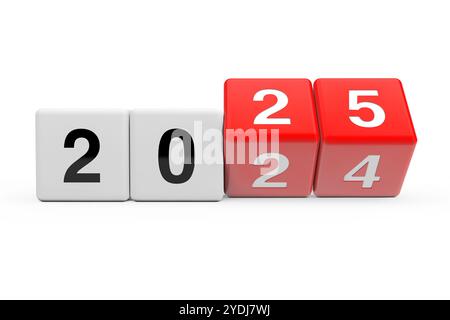 Blocs avec la transition de l'année 2024 à 2025 sur un fond blanc. Rendu 3D. Banque D'Images