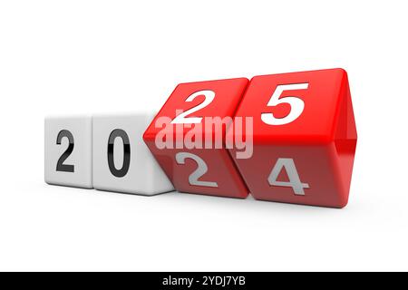 Blocs avec la transition de l'année 2024 à 2025 sur un fond blanc. Rendu 3D. Banque D'Images