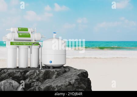 Système de filtration d'eau vive avec cinq étapes de filtration, avec réservoir et robinet sur roche, sur une plage et fond d'océan. Rendu 3D. Banque D'Images