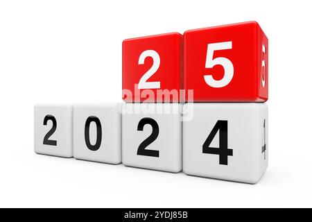 Blocs avec la transition de l'année 2024 à 2025 sur un fond blanc. Rendu 3D. Banque D'Images