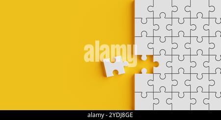Une pièce de Puzzle blanc est située séparément de la pièce de Puzzle blanc terminée sur un fond jaune. Rendu 3D. Banque D'Images