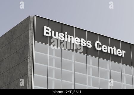 Façade de bâtiment moderne avec un mur de béton gris, une grande section de fenêtre et un signe de centre d'affaires sur un fond de ciel. Rendu 3D. Banque D'Images