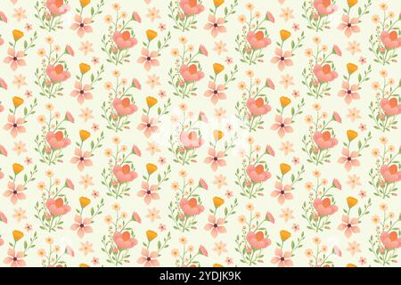 Un motif répétitif représentant diverses fleurs stylisées roses et oranges avec des feuilles vertes sur un fond vert clair. Illustration de Vecteur