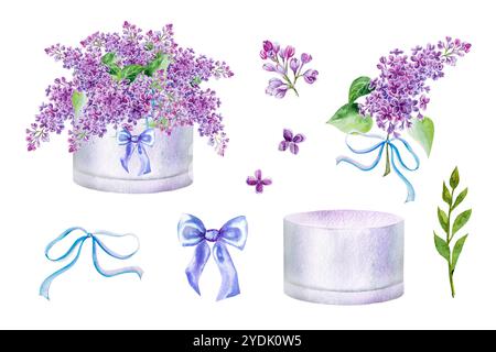 Watercolor illustration set of a bouquet with lilac branches with a cute bow in a box. Hand painted watercolor spring set with a bouquet of lilacs Banque D'Images