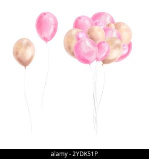 Ballons colorés rose et brun doré avec composition de corde. Dessin à la main aquarelle, illustration isolée sur fond blanc. Pour invitation Banque D'Images