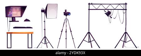 Ensemble d'équipement de studio photo isolé sur fond blanc. Illustration vectorielle de dessin animé de la caméra professionnelle, de la softbox et du projecteur pour l'éclairage, c Illustration de Vecteur