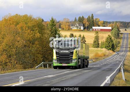 Nouveau camion vert Scania R650 de Kuljetus Saarinen Oy en transport saisonnier de betteraves sucrières sur la route automnale pittoresque à Salo, Finlande. 12 octobre 2019 Banque D'Images