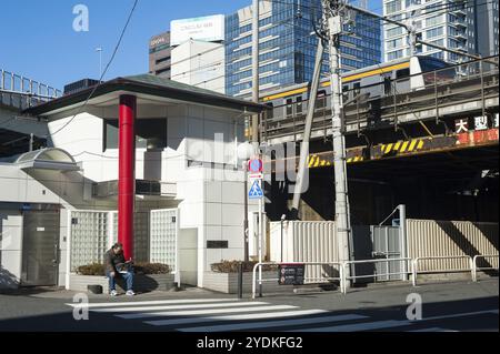 01.01.2018, Tokyo, Japon, Asie, Un homme lit un journal devant des toilettes publiques, Asie Banque D'Images