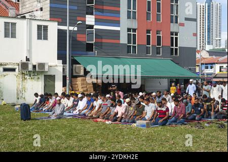 02.06.2019, Singapour, République de Singapour, Asie, des hommes musulmans prient sur une pelouse dans la petite Inde pendant le Ramadan, Asie Banque D'Images