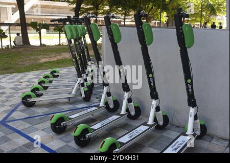 24.05.2019, Singapour, République de Singapour, Asie, scooters électriques Lime-S garés devant un bâtiment du parc d'activités de Changi, Asie Banque D'Images