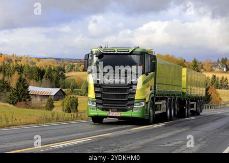 Nouveau camion vert Scania R650 de Kuljetus Saarinen Oy en transport saisonnier de betteraves sucrières sur la route automnale pittoresque à Salo, Finlande. 12 octobre 2019 Banque D'Images