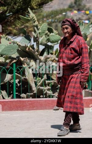 Pérou - Tupe, 23 octobre 2022 : une femme âgée vêtue de vêtements traditionnels se tient fièrement dans les rues de Tupe, dans les montagnes péruviennes Banque D'Images