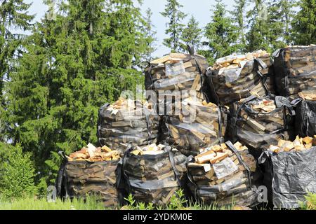 Piles de bois de chauffage coupé et fendu stockées dans de grands sacs en maille résistants avec forêt de conifères en arrière-plan Banque D'Images