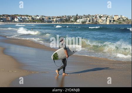 21.09.2018, Sydney, Nouvelle-Galles du Sud, Australie, Un surfeur marche avec sa planche de surf sous le bras vers la mer à Bondi Beach, Océanie Banque D'Images