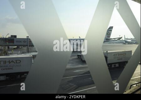 04.01.2014, Abu Dhabi, Émirats arabes Unis, vue à travers une fenêtre ornée dans le hall des départs sur le tablier de l'aéroport international, Asie Banque D'Images