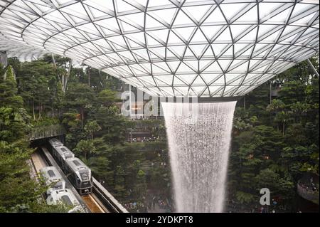 06.12.2019, Singapour, République de Singapour, Asie, Forest Valley avec la cascade HSBC Rain Vortex dans le nouveau terminal Jewel de Changi International ai Banque D'Images