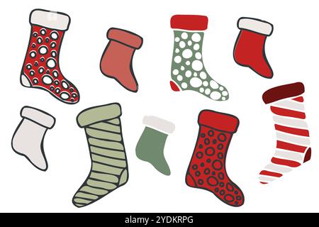 Illustration vectorielle dessinée à la main festive de bas de Noël colorés, parfaits pour les conceptions à thème de vacances, le décor, les cartes de voeux, les projets numériques Illustration de Vecteur