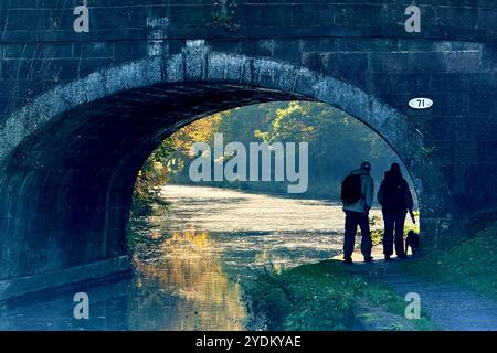 Deux personnes avec chien marchant sous le pont sur le chemin de remorquage de Leeds et Liverpool canal. Adlington près de Chorley, Lancashire UK Banque D'Images