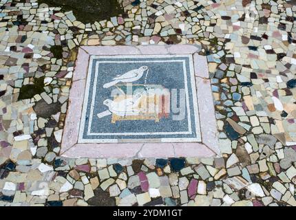 Mosaïque de sol représentant des colombes tirant un collier d'une boîte à bijoux.situé sur le côté ouest de l'atrium, Maison du Faun, Pompéi, Italie Banque D'Images