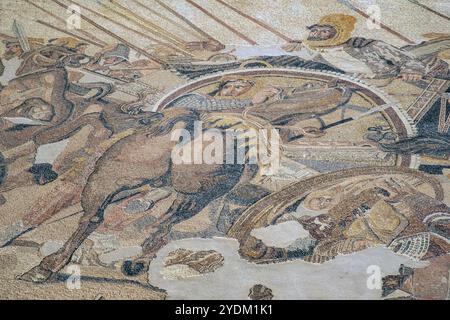 Section d'une mosaïque dans la Maison du Faun, Pompéi, Italie représentant Darius III de Perse essayant de tourner son char pour faire face à Alexandre le Grand. Banque D'Images