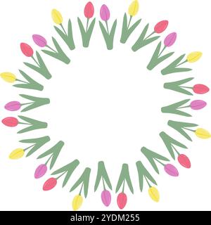 Bordure de cadre de cercle de tulipes colorées dans des couleurs douces à la mode. Modèle de carte de vœux ou de dépliant du 8 mars. Copyspace. Illustration vectorielle isolée cartes thématiques, affiches, bannière, étiquette, média ou promo web Illustration de Vecteur