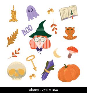 Ensemble d'autocollants d'Halloween. Fille en costume de sorcière d'Halloween et éléments effrayants. Dessin animé vecteur magique Illustration dessinée à la main avec citrouille, clé, mouche a Illustration de Vecteur