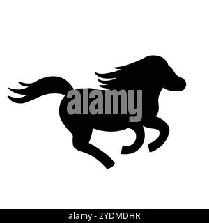Silhouette d'un cheval à mi-saut avec crinière et queue fluide, mettant en valeur le mouvement dynamique en noir. Illustration de Vecteur