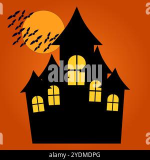 Silhouette de maison hantée d'Halloween avec des chauves-souris volant à travers une pleine lune. Design effrayant parfait pour le décor d'Halloween et les projets artistiques. Illustration de Vecteur