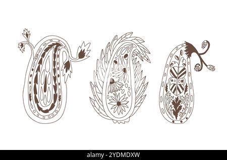 Paisley Elements. Illustration de l'ensemble de style doodle dessiné à la main de vecteur isolé sur fond blanc. Illustration de Vecteur