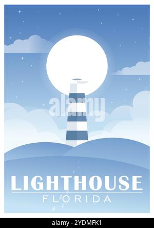 Affiche rétro Lighthouse Florida. Journée maritime internationale. Paysage pittoresque avec phare. Panorama marin à la nuit étoilée. Phare de Key West FL Illustration de Vecteur