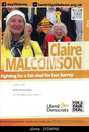 Brochure de campagne de Claire Malcomson, candidate du parti libéral démocrate pour la circonscription d'East Surrey aux élections générales britanniques du 4 juillet 2024. Banque D'Images