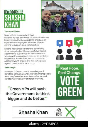 Brochure de campagne de Shasha Khan, candidate du Parti vert pour la circonscription de East Surrey aux élections générales britanniques du 4 juillet 2024. Banque D'Images