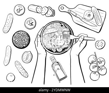 Mains humaines préparant une salade de légumes, des ingrédients alimentaires. Ustensiles de cuisine avec salade de légumes dans un bol, huile d'olive, poivre, tomates, concombres. Mains Illustration de Vecteur
