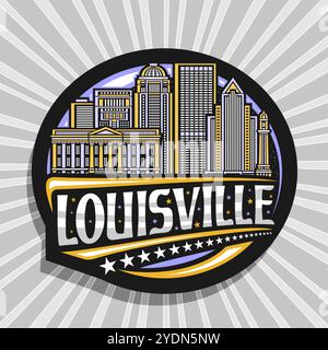 Logo vectoriel pour Louisville, étiquette décorative noire avec illustration de ligne de paysage de ville de louisville sur fond de ciel nocturne, réfrigérateur de design d'art Illustration de Vecteur