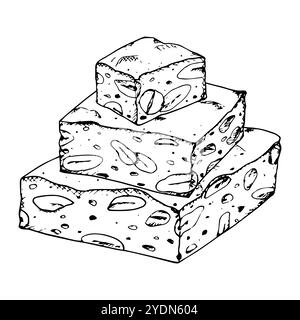 Illustration vectorielle dessinée à la main de pièces de nougat empilées avec des amandes et des noix visibles. Turron doux traditionnel de Noël. Idéal pour les menus de desserts Illustration de Vecteur