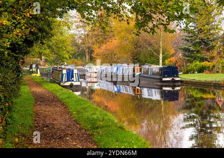 Paysage automnal de Market Drayton shropshire avec des bateaux étroits amarrés sur le canal Shropshire union qui traverse la ville Banque D'Images