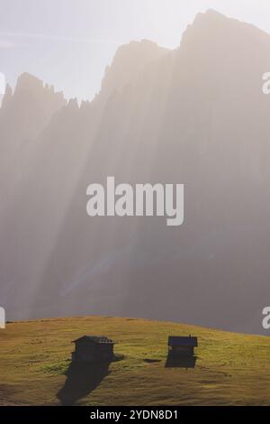 Cabanes et cabanes de montagne rustiques nichées dans les prairies alpines de l'Alpe di Siusi, avec de majestueux sommets Dolomites en arrière-plan sous les rayons du soleil Banque D'Images