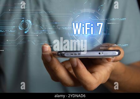 concept homme utilisant la technologie wifi 7 connecté à l'internet monde avec la nouvelle technologie Banque D'Images