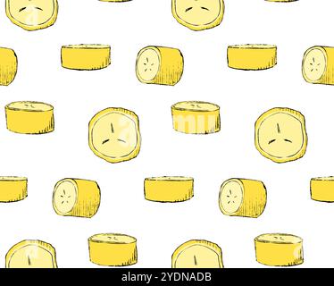 Jolies tranches de banane de dessin animé graphique. Modèle sans couture pour la conception de tissu, vêtements, papier peint, papier. Arrière-plan vectoriel. Illustration de Vecteur